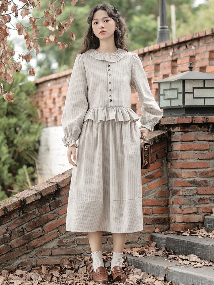 Pinstriped Blouse and Midi A-Line Skirt Set - Collared