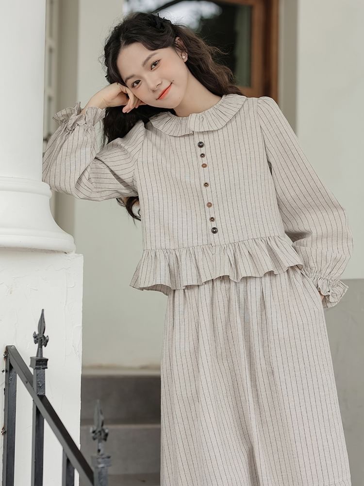 Pinstriped Blouse and Midi A-Line Skirt Set - Collared