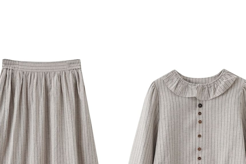 Pinstriped Blouse and Midi A-Line Skirt Set - Collared