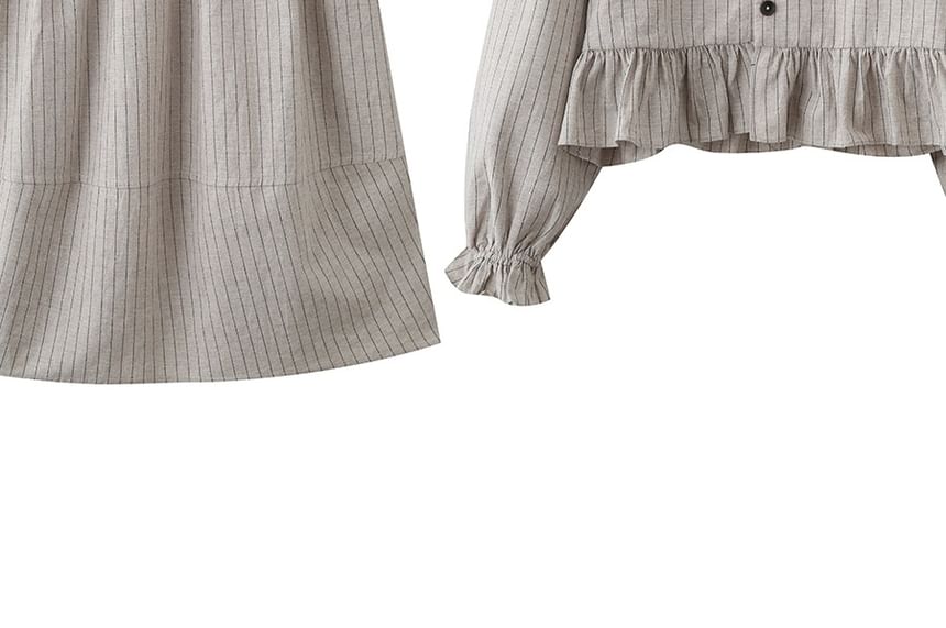 Pinstriped Blouse and Midi A-Line Skirt Set - Collared