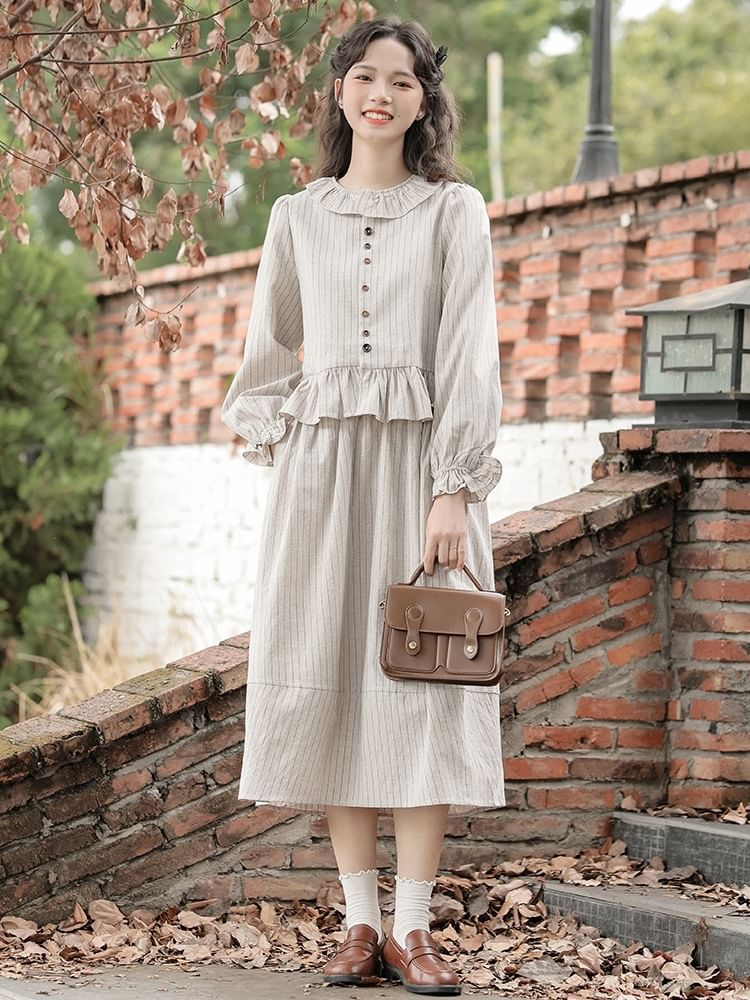 Pinstriped Blouse and Midi A-Line Skirt Set - Collared