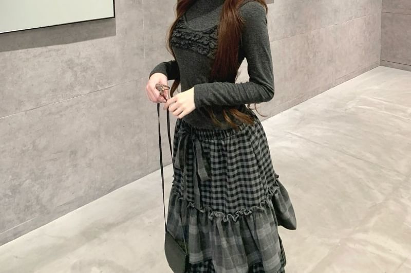 Crew Neck Tee, Scoop Neck Frill Camisole & High Waist Gingham Tiered Midi Skirt Set