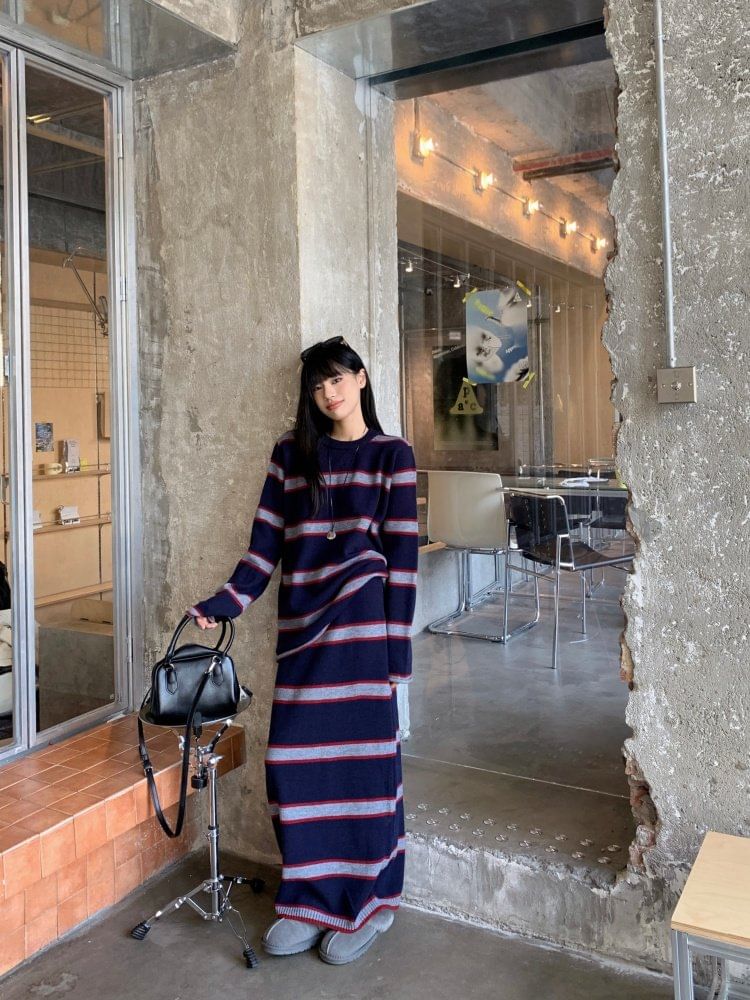 Crew Neck Striped Knit Top & High Waist Maxi Straight Skirt