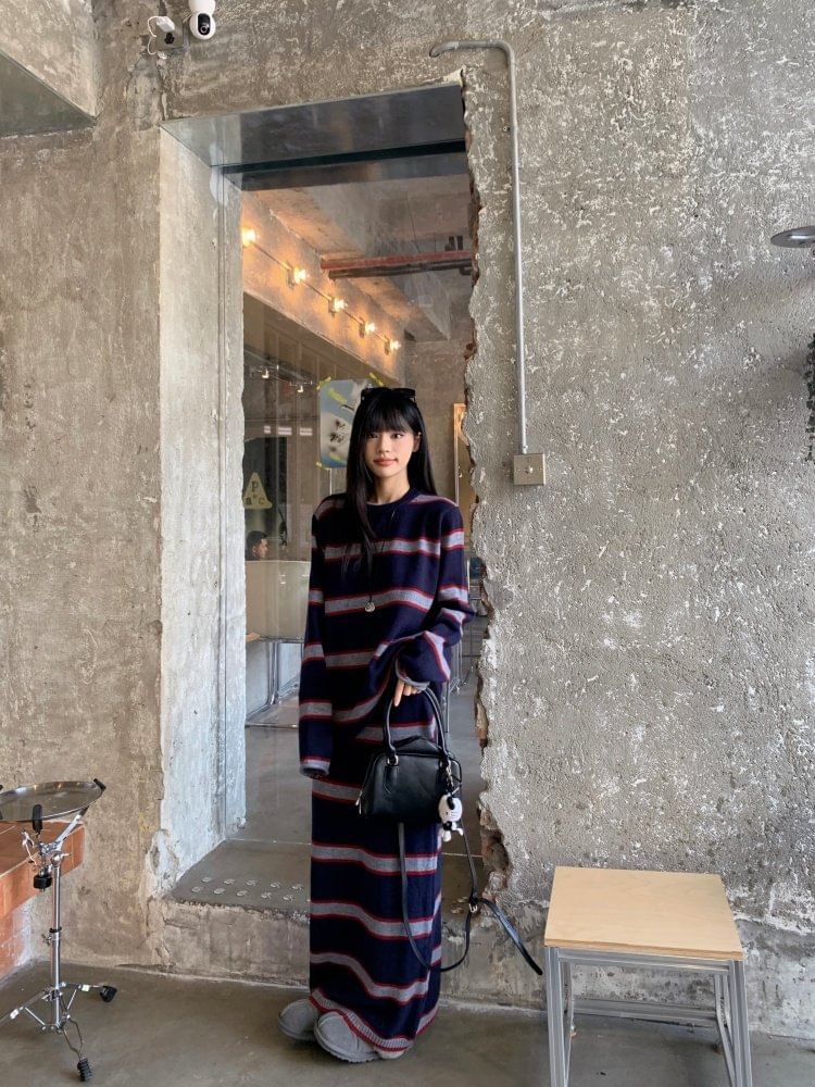 Crew Neck Striped Knit Top & High Waist Maxi Straight Skirt