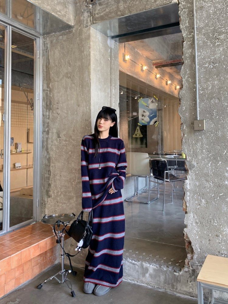 Crew Neck Striped Knit Top & High Waist Maxi Straight Skirt