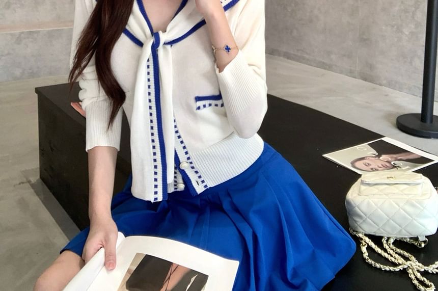 Sailor Collar Contrast Trim Crop Cardigan & High Waist Pleated Mini Skirt