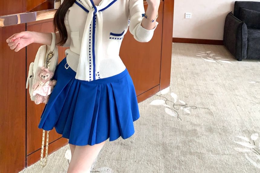 Sailor Collar Contrast Trim Crop Cardigan & High Waist Pleated Mini Skirt