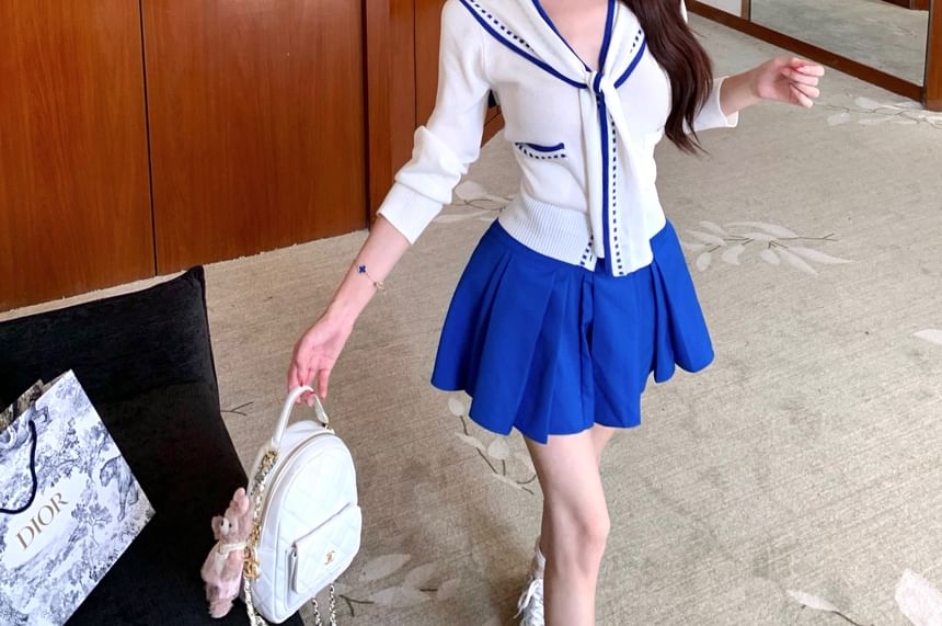 Sailor Collar Contrast Trim Crop Cardigan & High Waist Pleated Mini Skirt