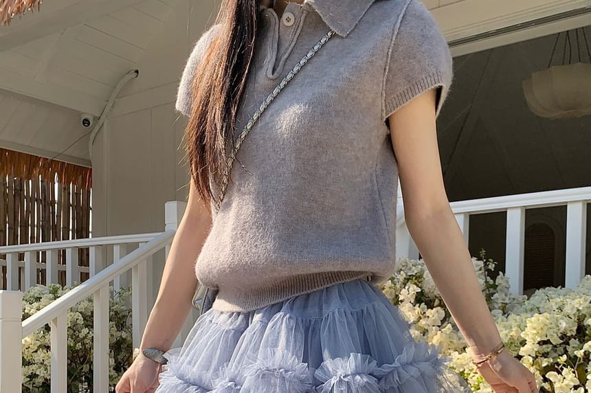 High Waist Frill Trim Layered Mesh Mini A-Line Skirt