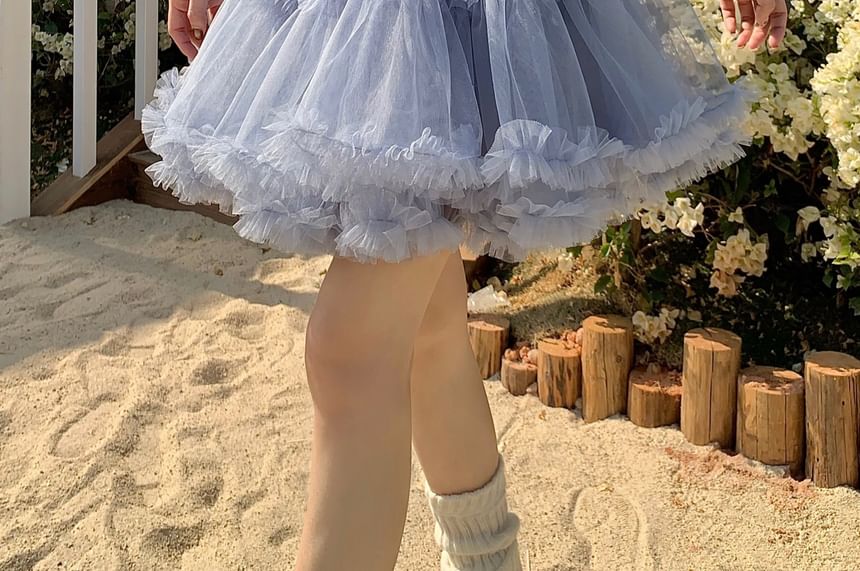 High Waist Frill Trim Layered Mesh Mini A-Line Skirt