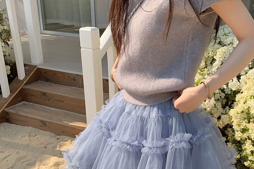 High Waist Frill Trim Layered Mesh Mini A-Line Skirt