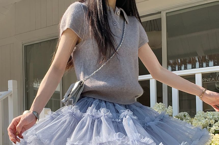 High Waist Frill Trim Layered Mesh Mini A-Line Skirt