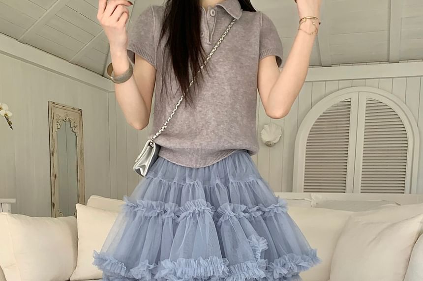 High Waist Frill Trim Layered Mesh Mini A-Line Skirt