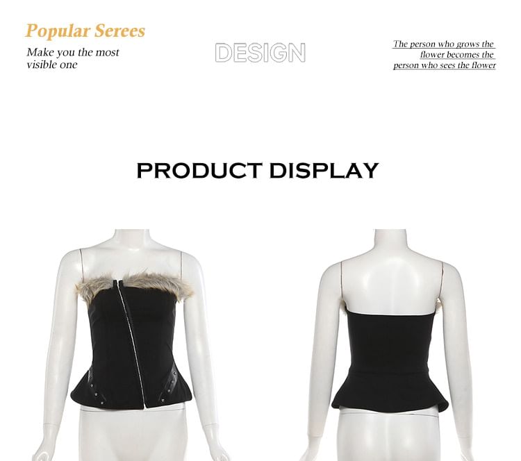 Studded Hook & Eye Faux Fur Tube Top, Mid Rise Mini Pencil Skirt & Belt
