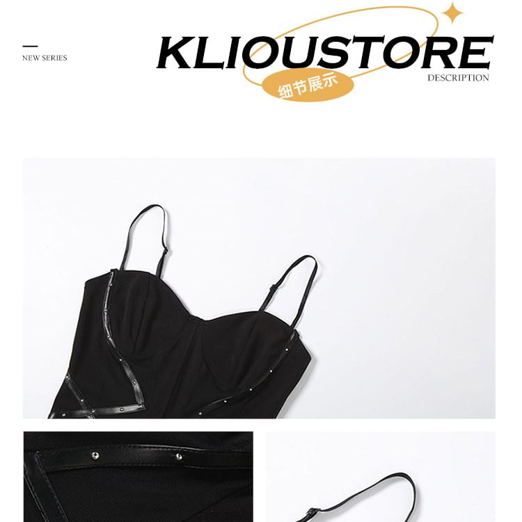 Studded Panel Mesh Camisole Top & Mid Rise Grommet Mini Pencil Skirt Set