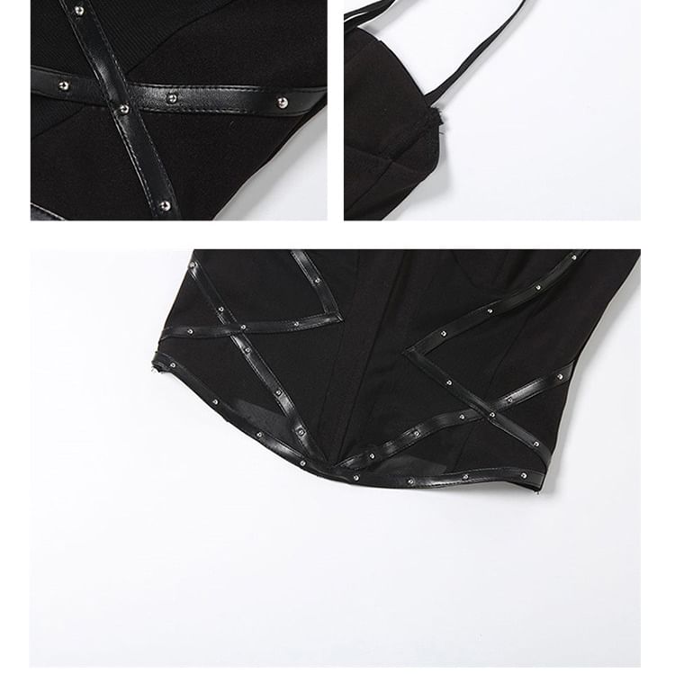 Studded Panel Mesh Camisole Top & Mid Rise Grommet Mini Pencil Skirt Set