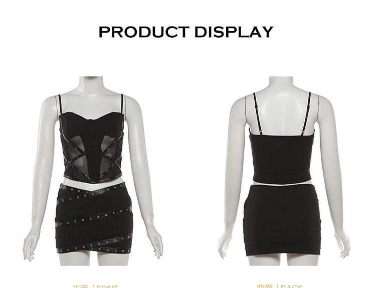 Studded Panel Mesh Camisole Top & Mid Rise Grommet Mini Pencil Skirt Set