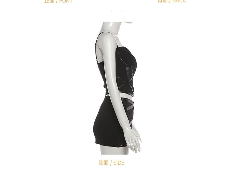 Studded Panel Mesh Camisole Top & Mid Rise Grommet Mini Pencil Skirt Set