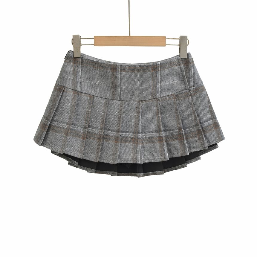 Mid Waist Plaid Pleated Mini A-Line Skirt