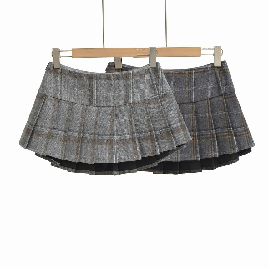 Mid Waist Plaid Pleated Mini A-Line Skirt