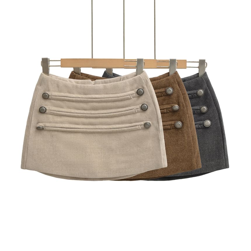 Mid Waist Plain Button Detail Mini Pencil Skirt