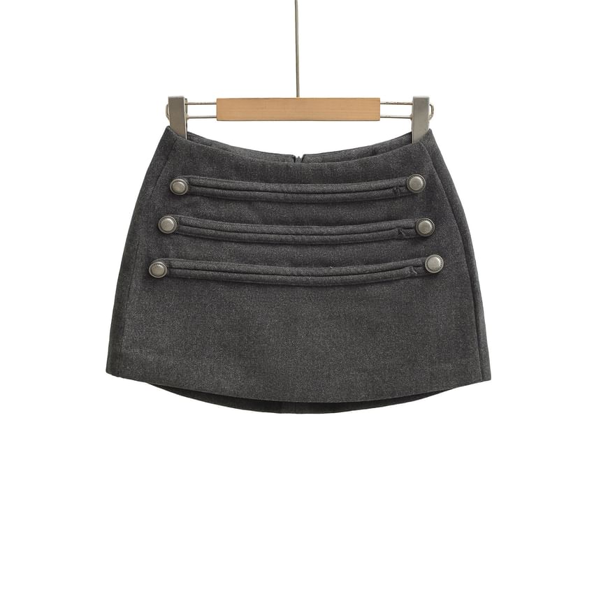 Mid Waist Plain Button Detail Mini Pencil Skirt