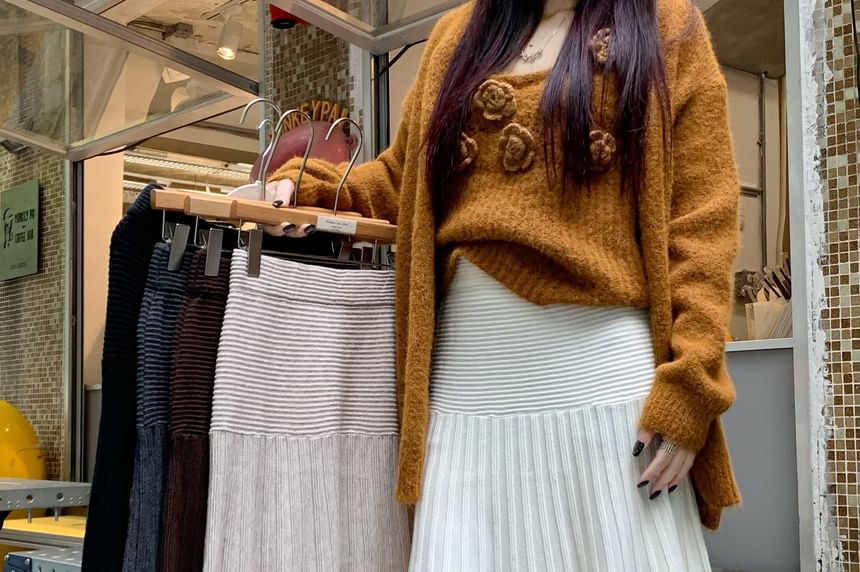 Mid Rise Striped Panel Knit Maxi Mermaid Skirt