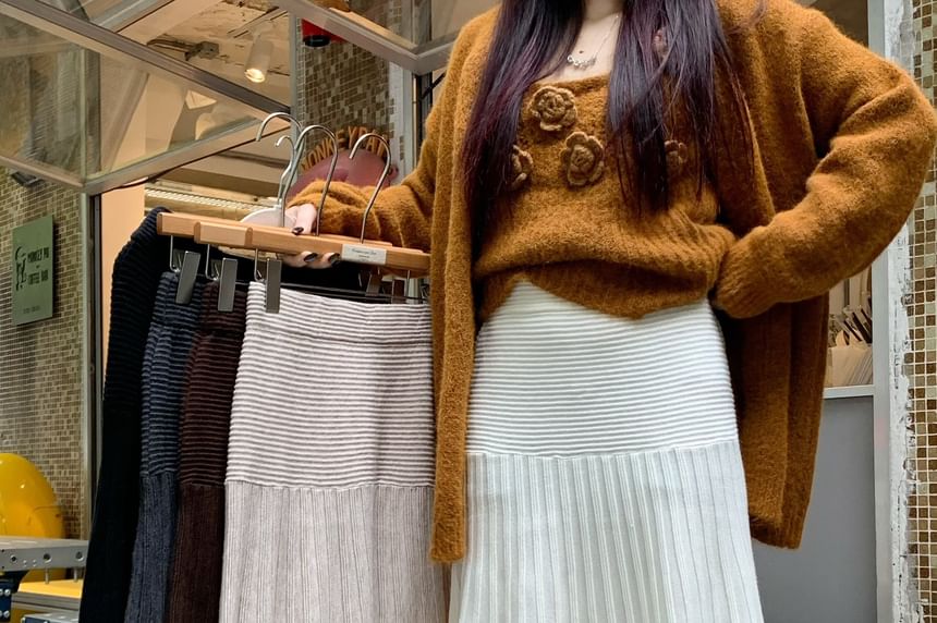 Mid Rise Striped Panel Knit Maxi Mermaid Skirt
