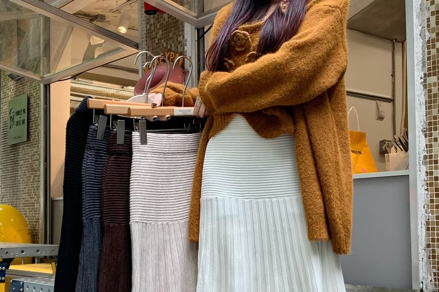 Mid Rise Striped Panel Knit Maxi Mermaid Skirt