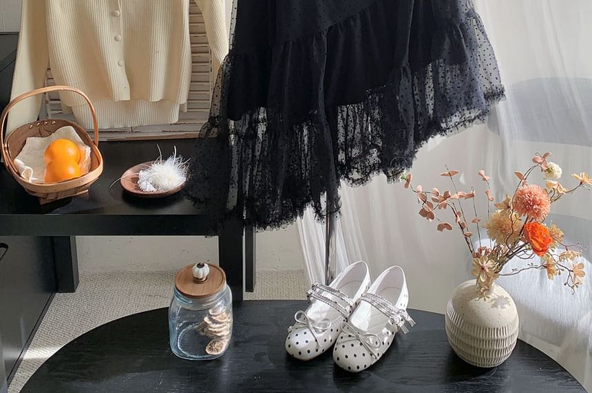Dotted Mesh A-Line Skirt with Tiered Asymmetry