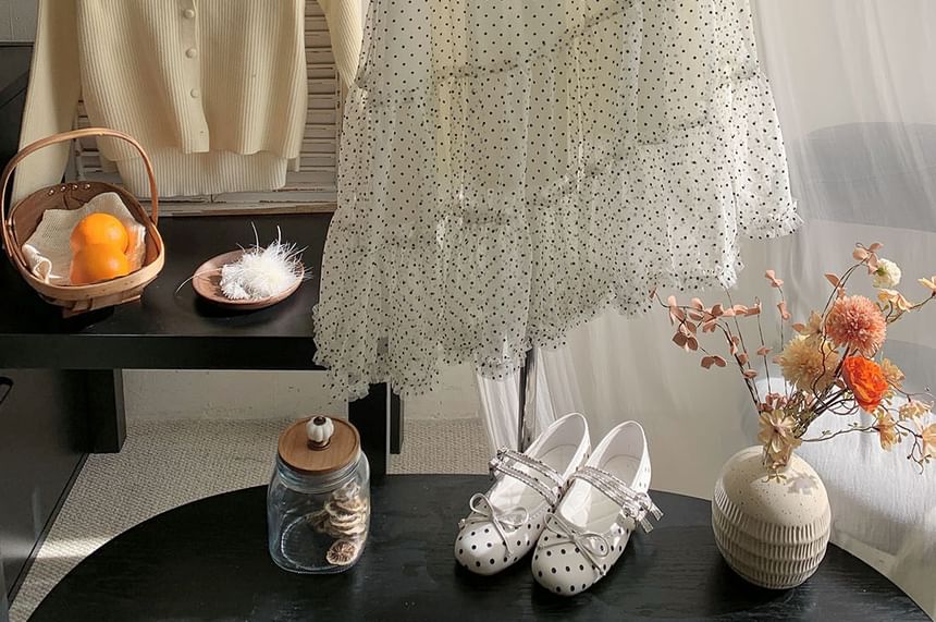 Dotted Mesh A-Line Skirt with Tiered Asymmetry