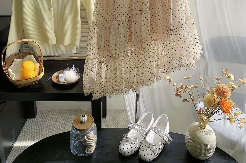 Dotted Mesh A-Line Skirt with Tiered Asymmetry