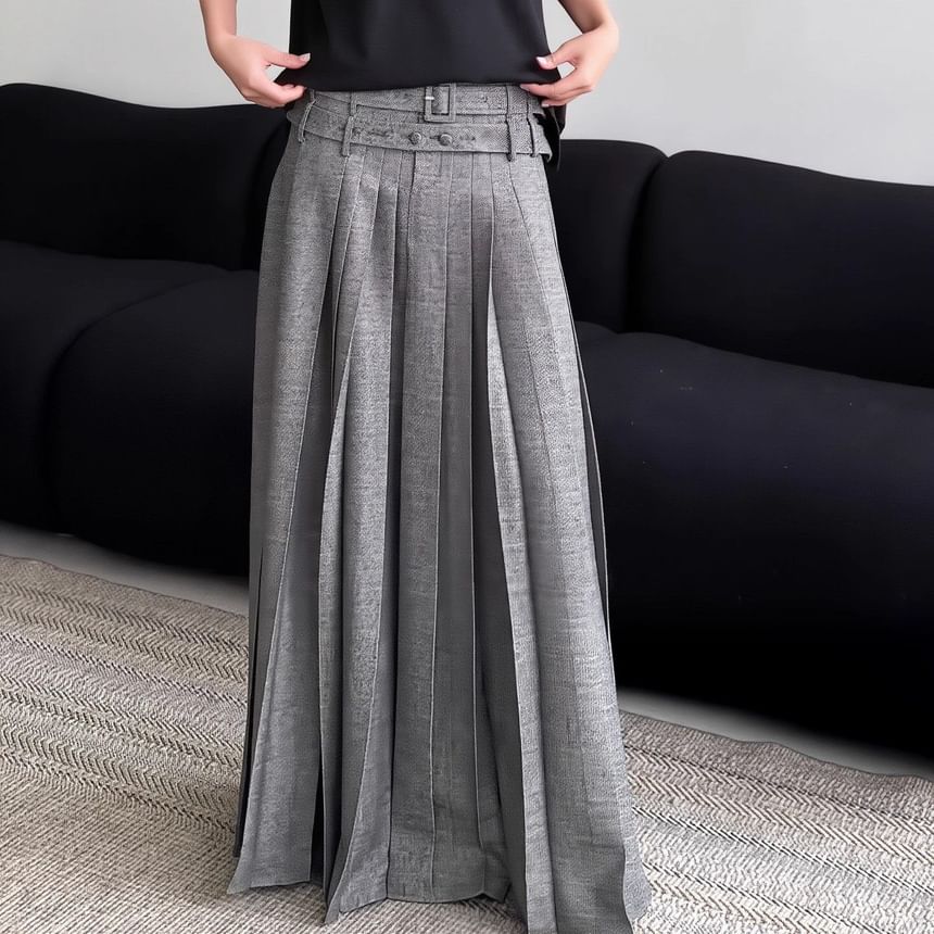 Mid Rise Frayed Pleated Maxi A-Line Skirt