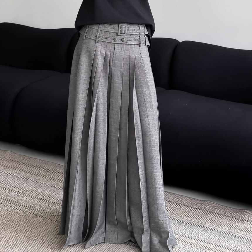 Mid Rise Frayed Pleated Maxi A-Line Skirt