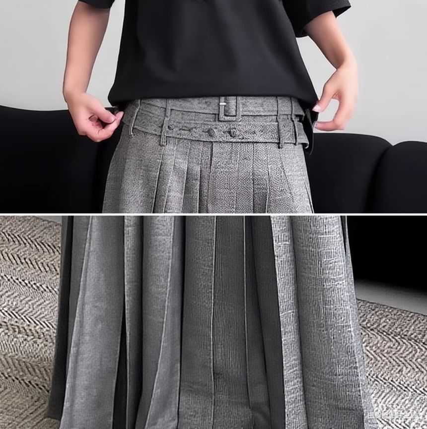 Mid Rise Frayed Pleated Maxi A-Line Skirt