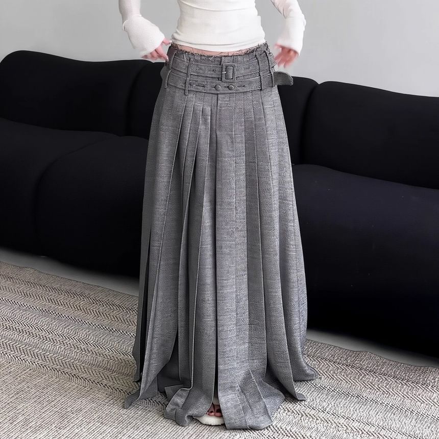 Mid Rise Frayed Pleated Maxi A-Line Skirt