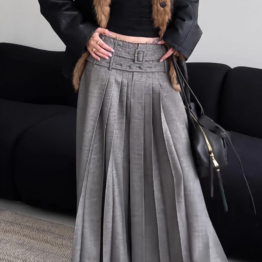 Mid Rise Frayed Pleated Maxi A-Line Skirt