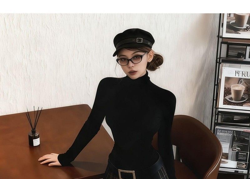 Turtleneck Tee, Low Rise Plaid Pleated Mini Skirt & Belt Set