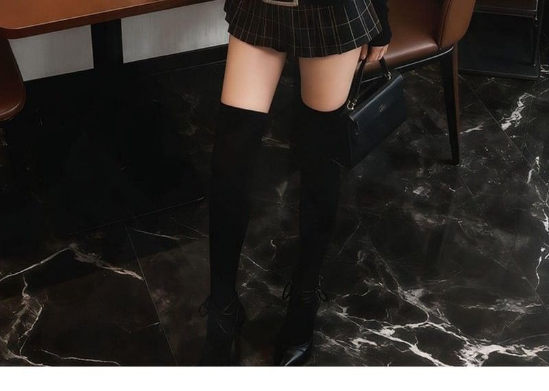 Turtleneck Tee, Low Rise Plaid Pleated Mini Skirt & Belt Set