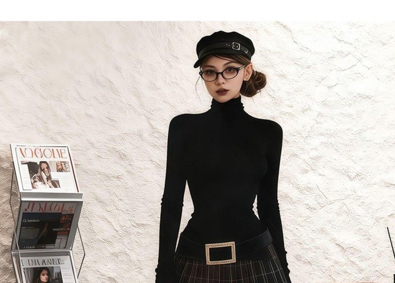 Turtleneck Tee, Low Rise Plaid Pleated Mini Skirt & Belt Set