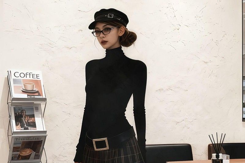 Turtleneck Tee, Low Rise Plaid Pleated Mini Skirt & Belt Set