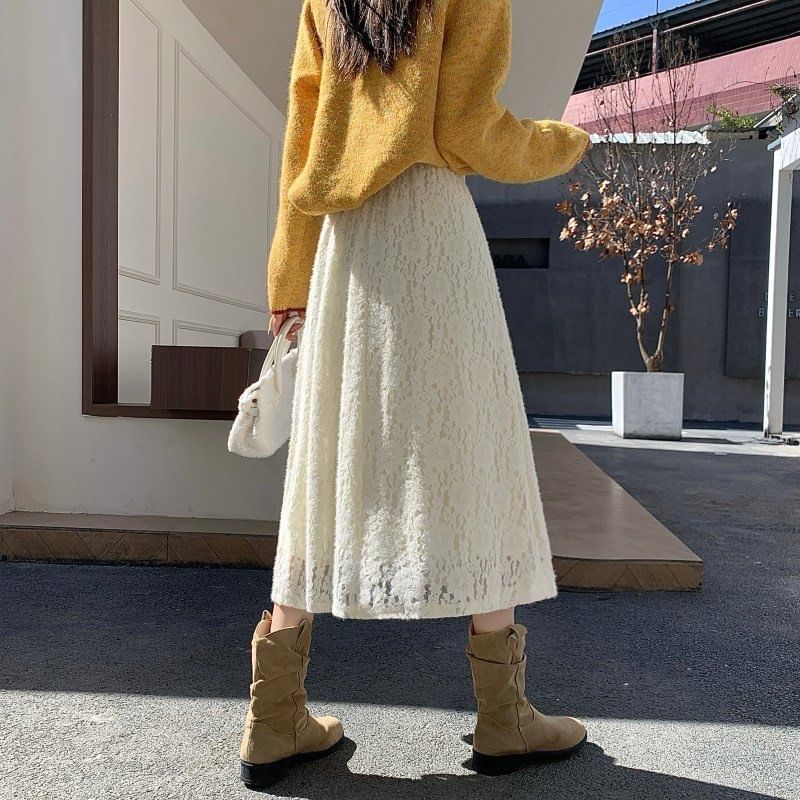 High Waist Plain Lace Midi A-Line Skirt