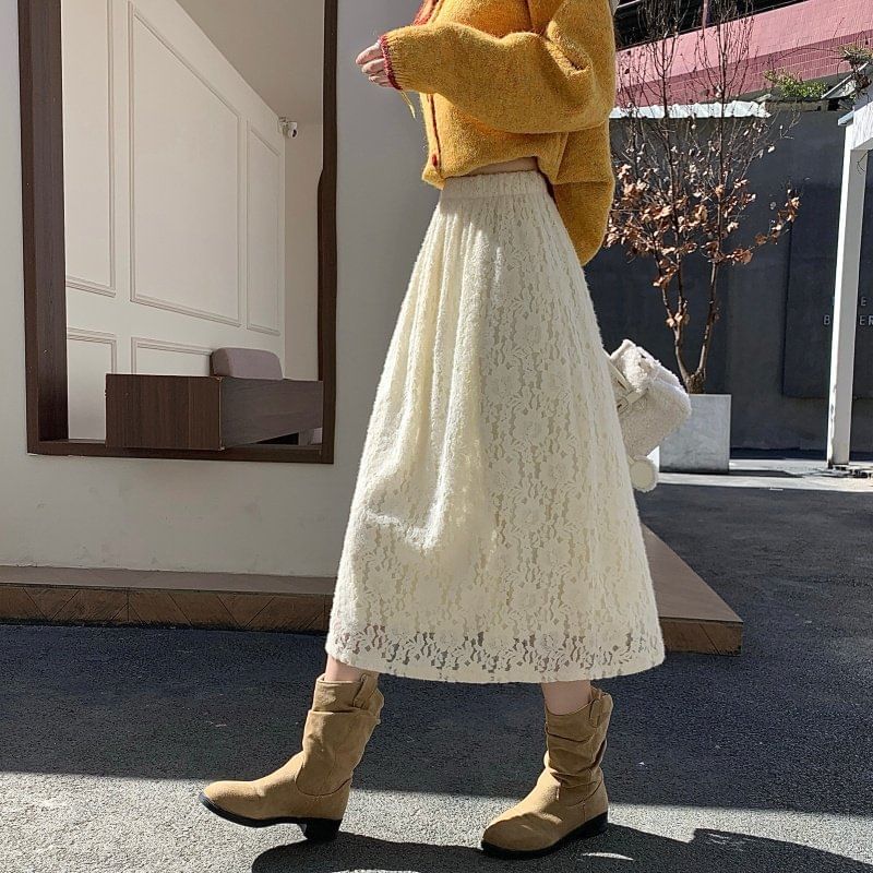 High Waist Plain Lace Midi A-Line Skirt