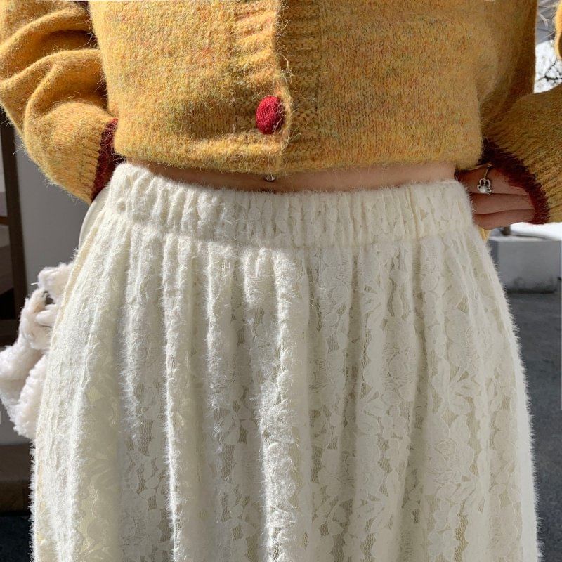 High Waist Plain Lace Midi A-Line Skirt