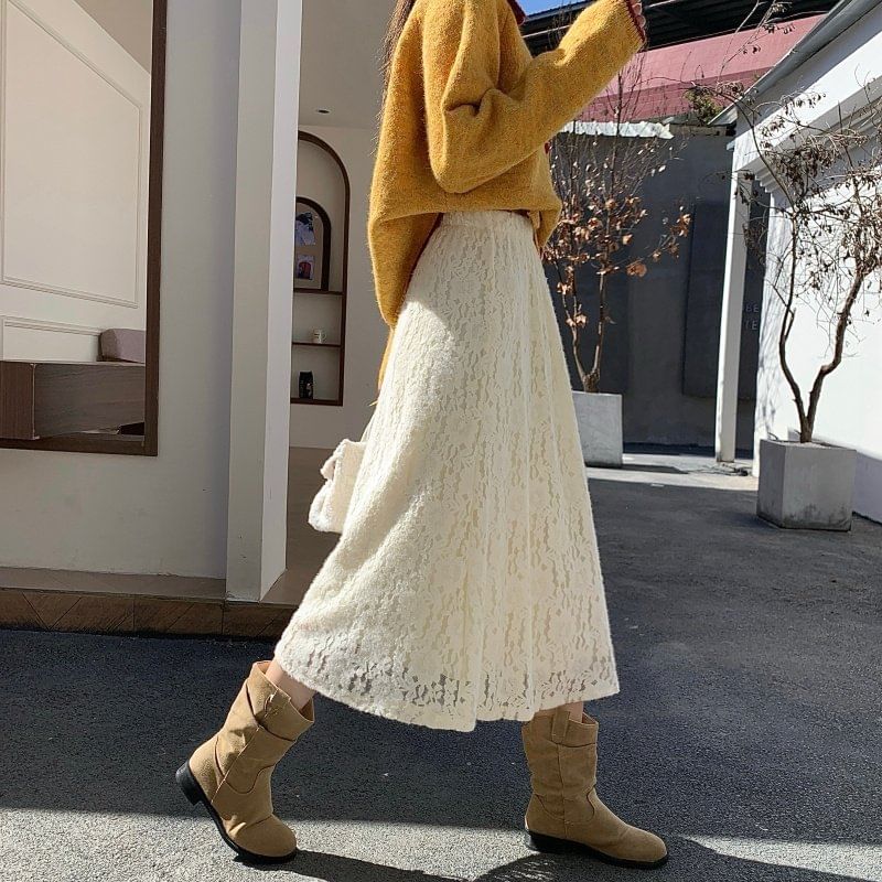 High Waist Plain Lace Midi A-Line Skirt