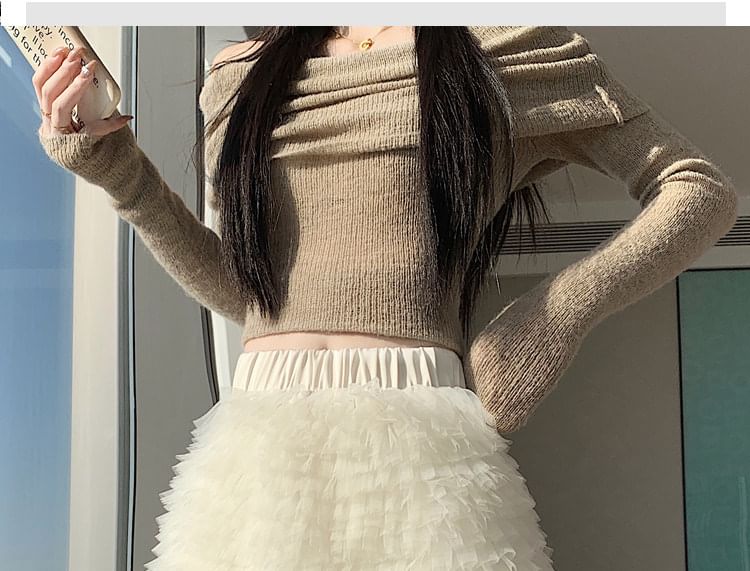 Elastic Waist Plain Tiered Mesh Mini A-Line Skirt