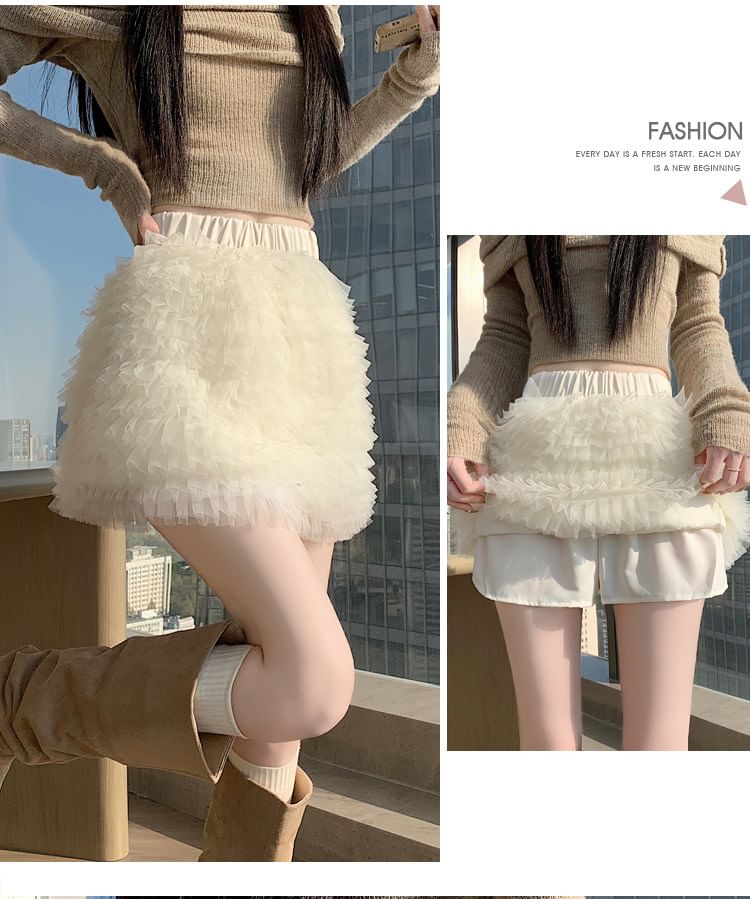 Elastic Waist Plain Tiered Mesh Mini A-Line Skirt