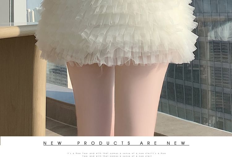 Elastic Waist Plain Tiered Mesh Mini A-Line Skirt
