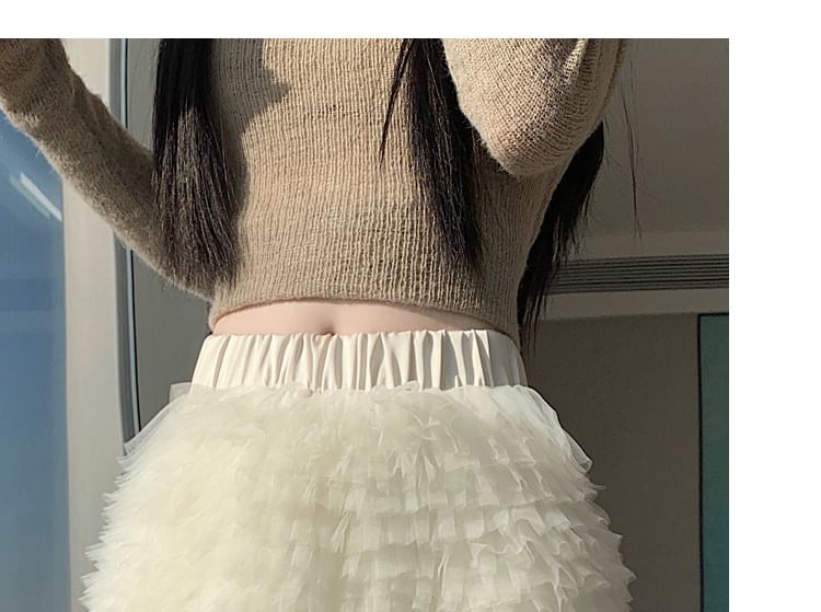 Elastic Waist Plain Tiered Mesh Mini A-Line Skirt