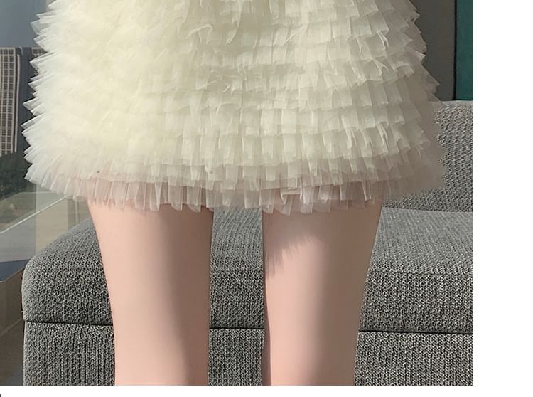 Elastic Waist Plain Tiered Mesh Mini A-Line Skirt